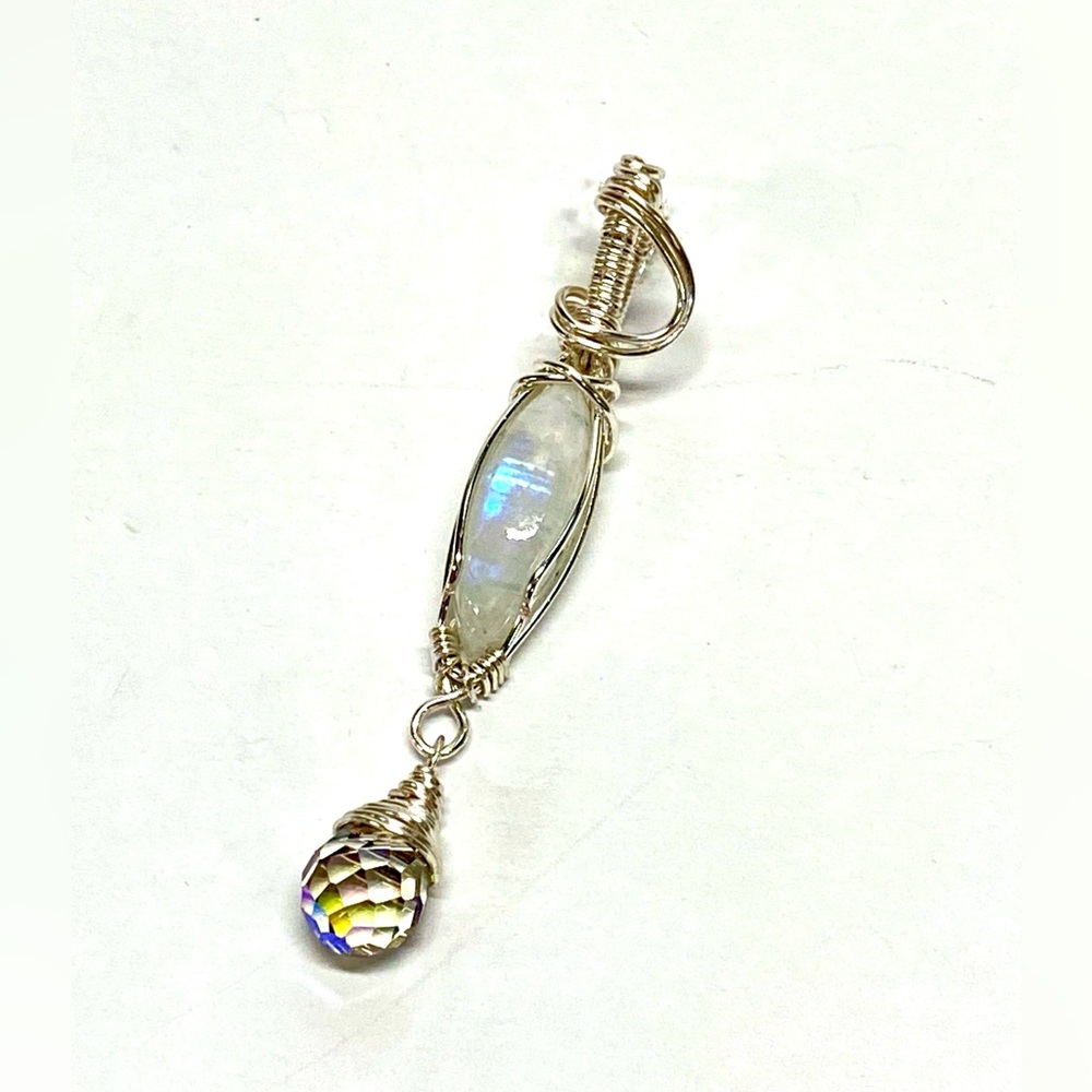 HANDMADE Moonstone and Crystal Hand Wrapped Dangle Pendant, Artisan Jewelry Gift